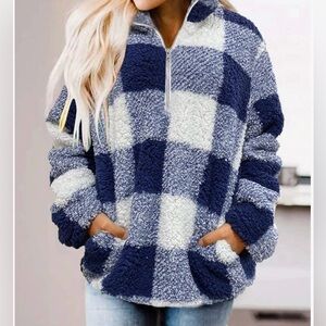 ZESICA Women's Blue Plaid Long Sleeve 1/2 Zipper Fleece Sweatshirt XL,Faux Lined